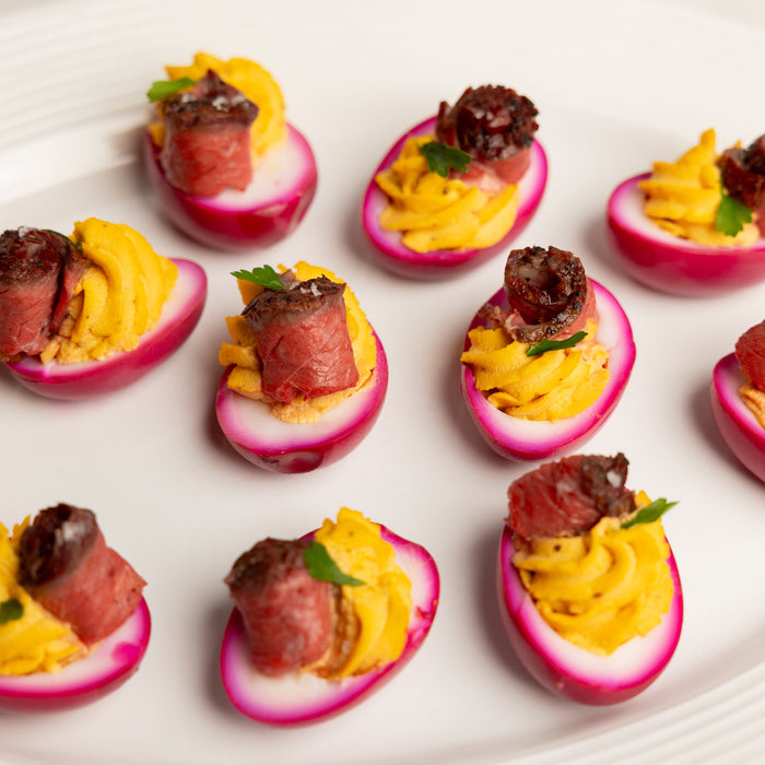 Pink Deviled Eggs With Steak